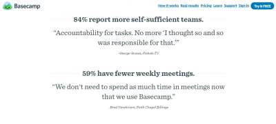 Basecamp pairs testimonials with research findings to create an ultimate persuasive effect.