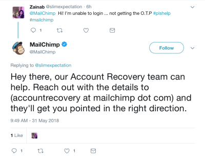MailChimp deals with user problems on Twitter.