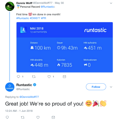 Encourage your followers to share special moments. Runtastic encourages its users to share their accomplishments on social media.