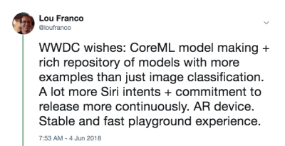 An image of a tweet with my WWDC wishes