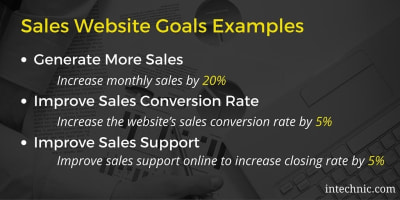 Sales website goals examples, including generating more sales, improving sales conversion rate, and improving sales support