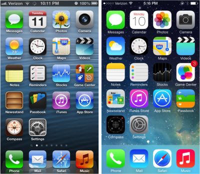 iPhone’s home screen (iOS 6 versus iOS 7).