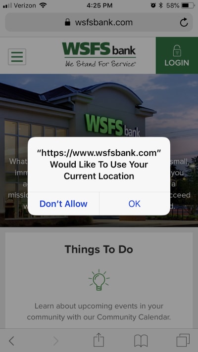 WSFS Bank politely asks visitors for access to geolocation data.
