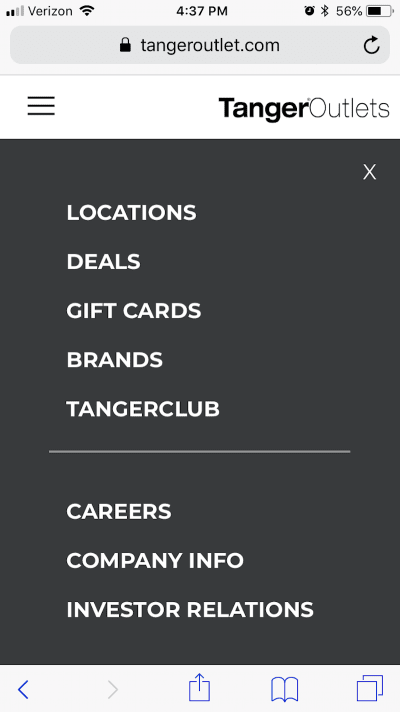 he Tanger Outlets navigation includes a page dedicated to Locations.