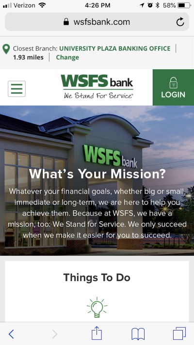 A sticky top bar is now presented to the mobile user on the WSFS Bank website.