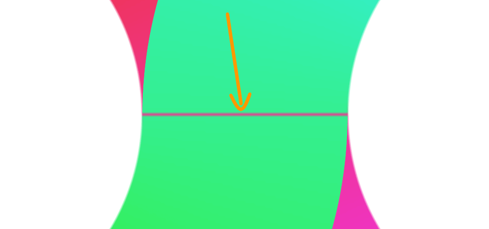 Screenshot. Shows a close-up of the intersection of the two halves. In theory, the intersection line should match the start/ end line of the conic gradients, but this isn't the case in practice, so we're still seeing a strip of red along it, even though the red side should be behind the plane of the screen and not visible.