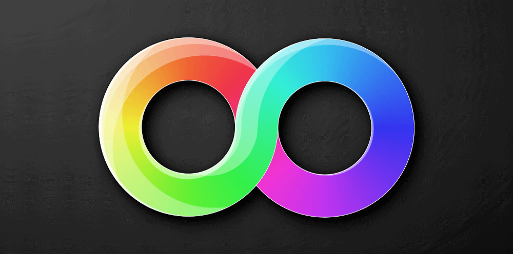 Screenshot of my version. Shows a thick infinity symbol with a rainbow gradient filling its two loops and some highlights over this gradient.