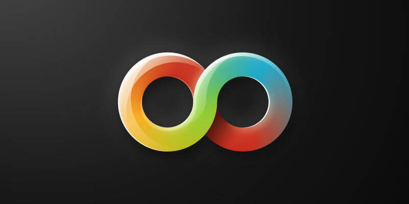 Original illustration. Shows a thick infinity symbol with a rainbow gradient filling its two loops and some highlights over this gradient.