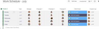 The work schedule board shows when team members will be online and available for chat.