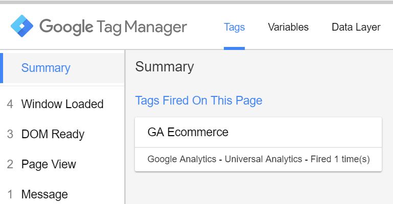 Ecommerce Tag in Google Tag Manager - Preview and Debug Mode