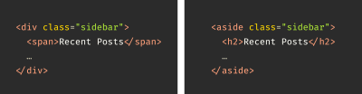 Two code examples for a sidebar. One uses a div element, while the others uses an aside element. Both have the class of sidebar applied to them, with a subheading of Recent Posts.