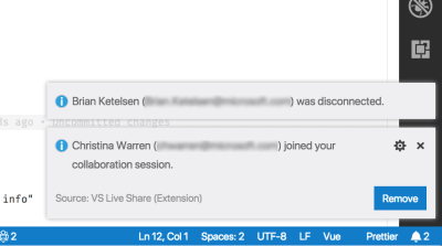 vs code notification with the name of the person who has joined the live share session