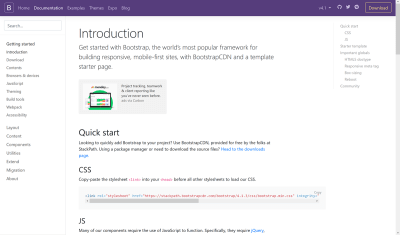Screenshot of the Bootstrap documentation homepage