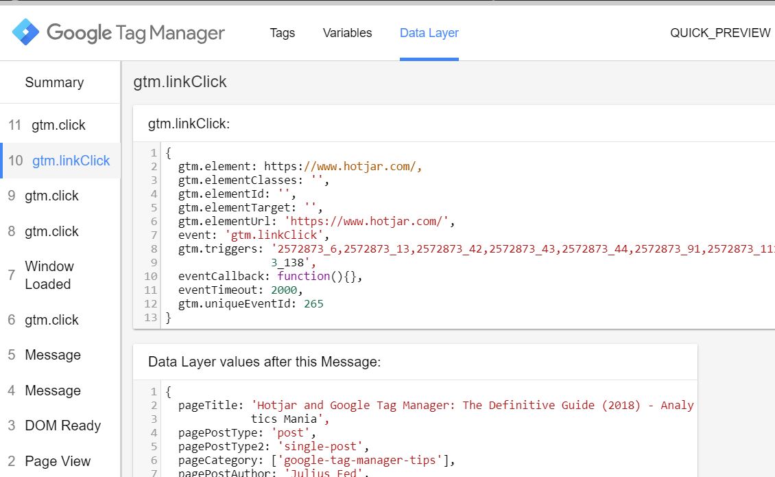 Data Layer Tab in GTM Preview and Debug mode