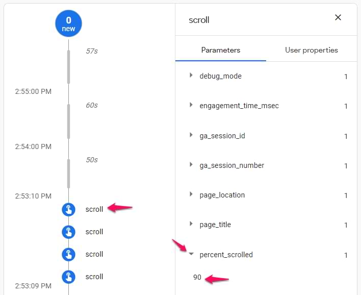 scroll event in google analytics 4 debugview
